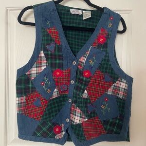 Oak Hill Advanatge Patchwork Denim Vest with Floral and Plaid Patterns Large